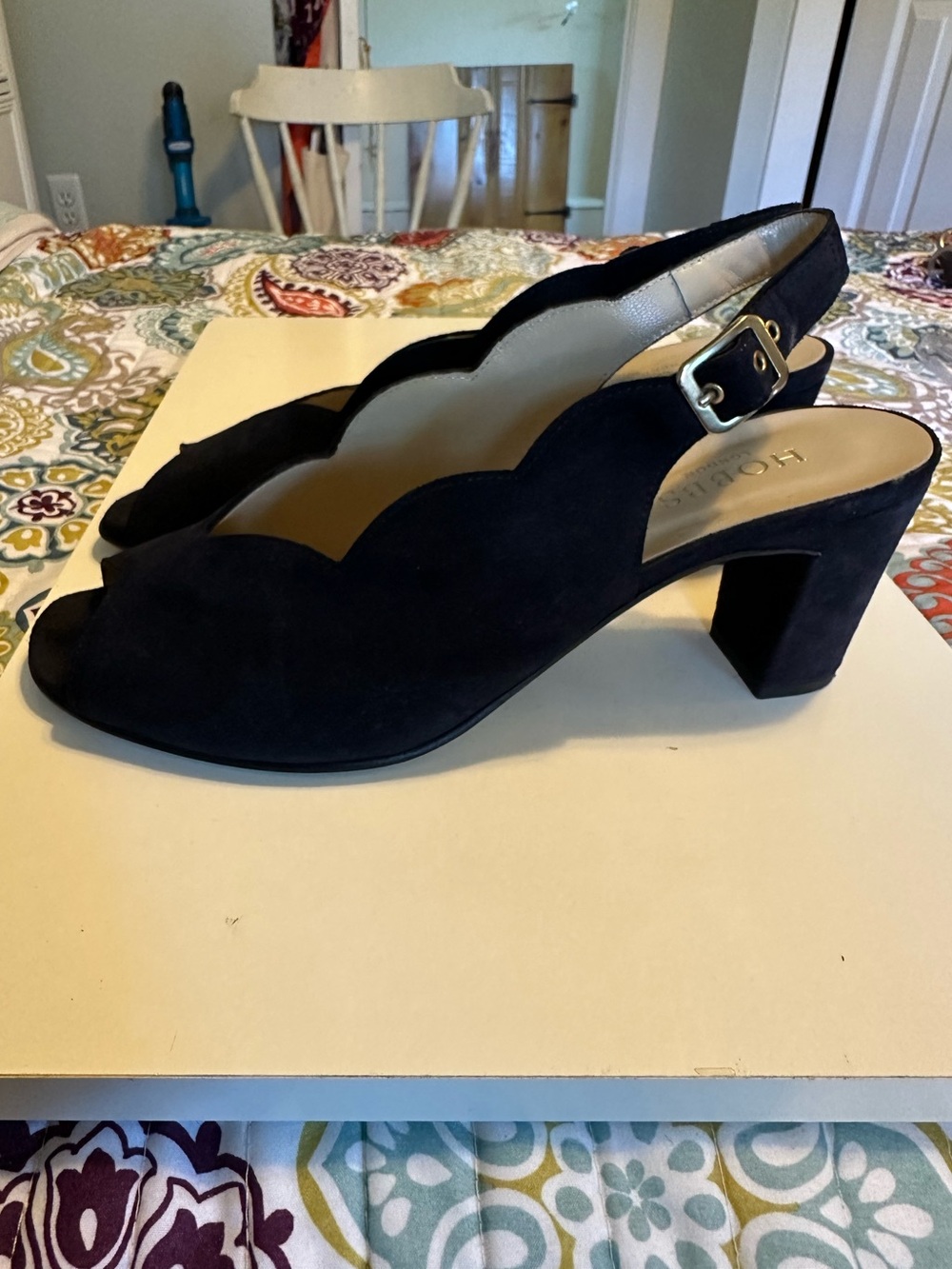 Hobbs London Black Scalloped Suede Slingback Block Heel Sandals sz 42